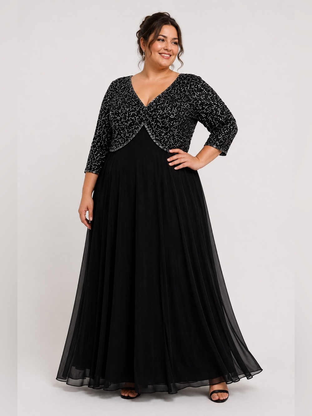 NWT J Kara Black Sequin Bodice Maxi Dress